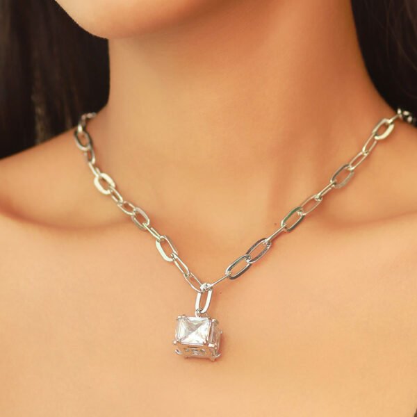 Cube Diamante Stud Silver-Toned Oversized Pendant Chain-Link Necklace